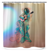 Meadows Mosaic Nature Shower Curtain displayed in a nature-themed bathroom.